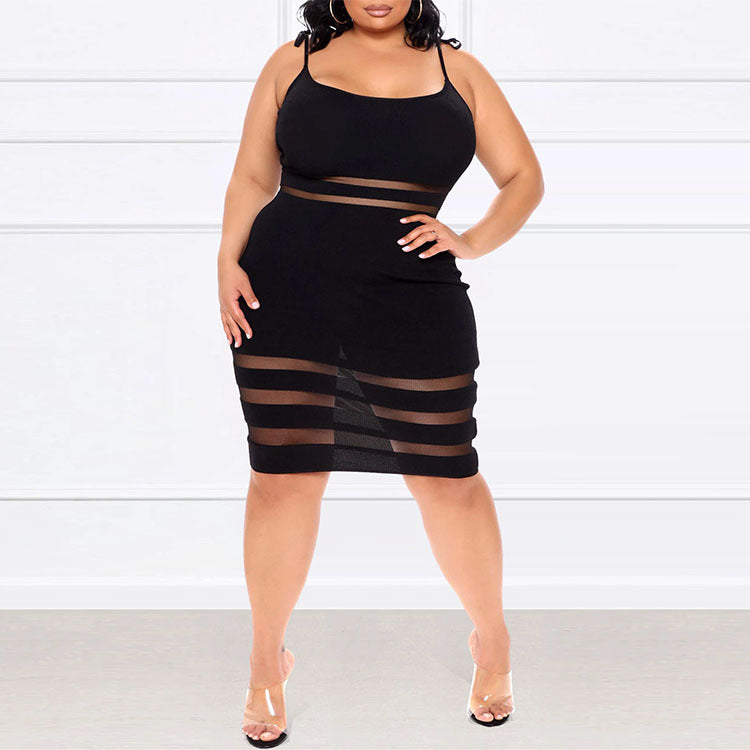 Mid-Skirt Striped Mid-Waist Black Plus Size Womens Dress