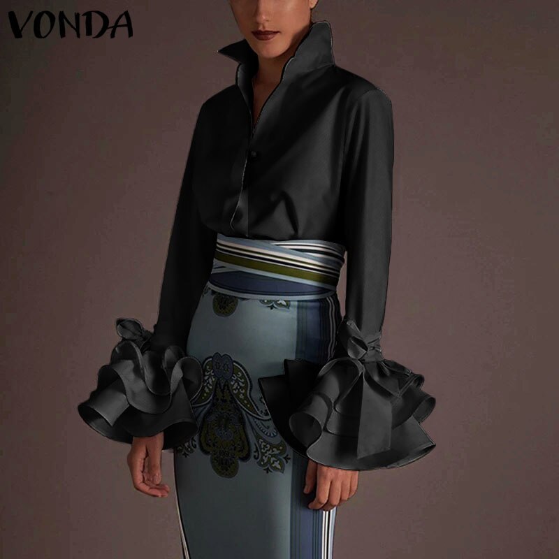 New Women Shirts VONDA 2020 Spring Summer Sexy Turn-Down Collar Flare Sleeve Party Tops Office Blouse Casual Plus Size Blusas
