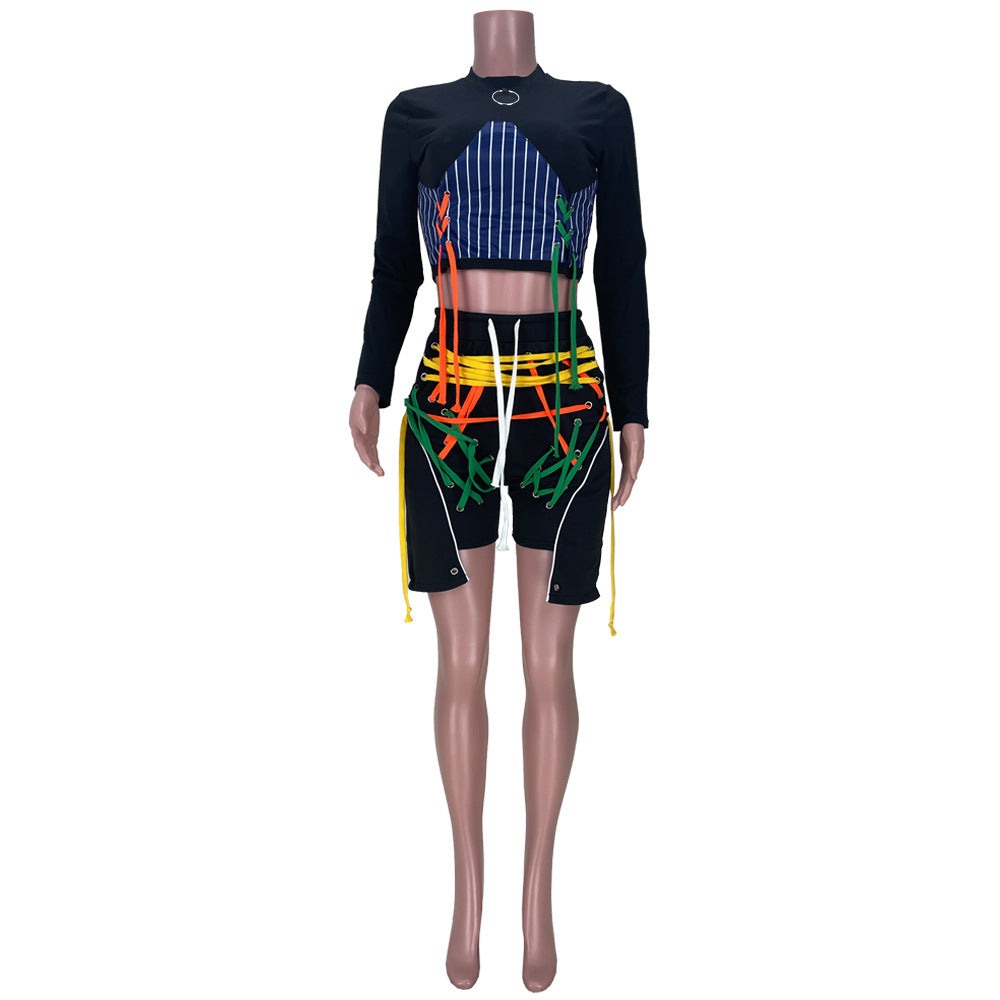 Two Piece Clothing Crop Top Striped Patchwork Women Two Piece Set
