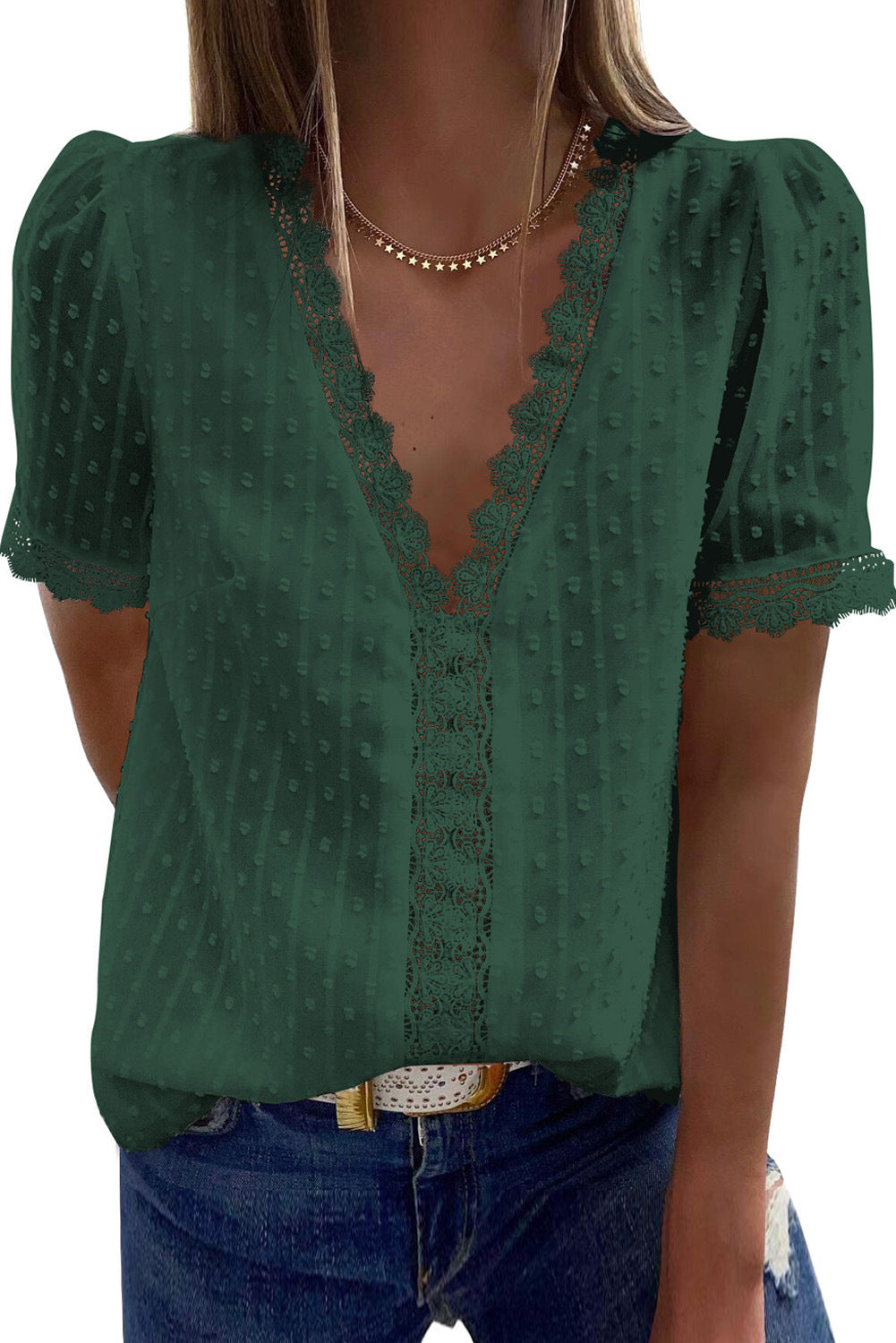 Wholesale v Neck Short Sleeve White Black 8 Colors Women Ladies Summer Dot Lace Chiffon Tops Shirts Blouse