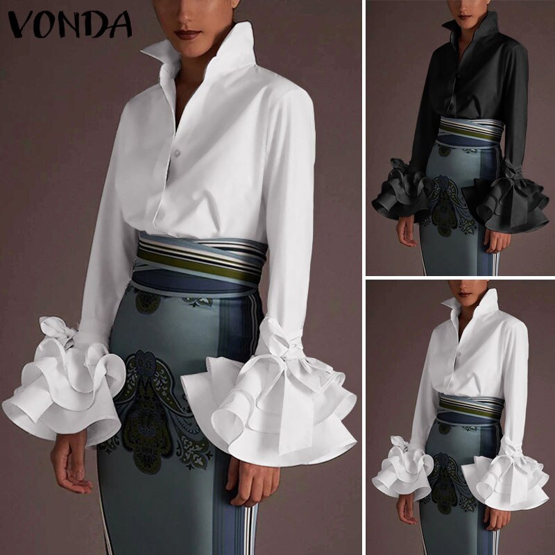 New Women Shirts VONDA 2020 Spring Summer Sexy Turn-Down Collar Flare Sleeve Party Tops Office Blouse Casual Plus Size Blusas