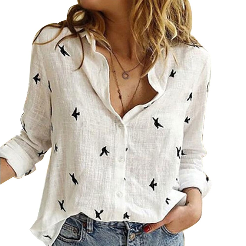 Casual Long Sleeve Birds Print Loose Shirts Women Cotton and Linen Blouses and Tops Vintage Streetwear Plus Size 5XL Tunic