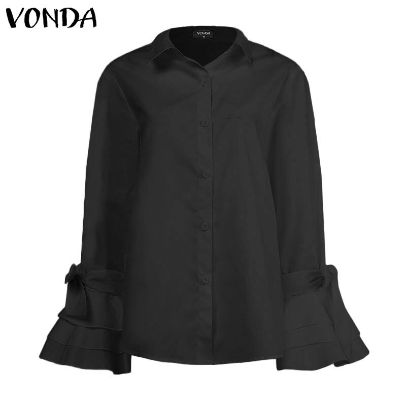 New Women Shirts VONDA 2020 Spring Summer Sexy Turn-Down Collar Flare Sleeve Party Tops Office Blouse Casual Plus Size Blusas