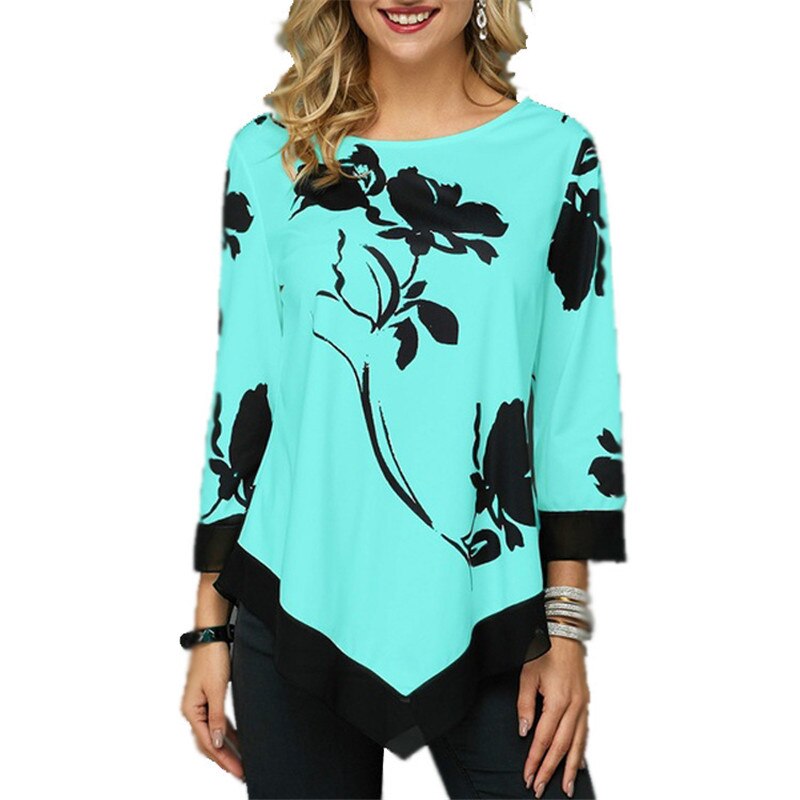 Shirt Women Spring Summer Floral Printing Blouse 3/4 Sleeve Casual Hem Irregularity Female Fashion Shirt Tops Plus Size