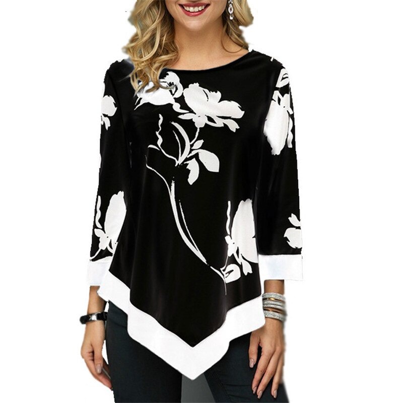 Shirt Women Spring Summer Floral Printing Blouse 3/4 Sleeve Casual Hem Irregularity Female Fashion Shirt Tops Plus Size