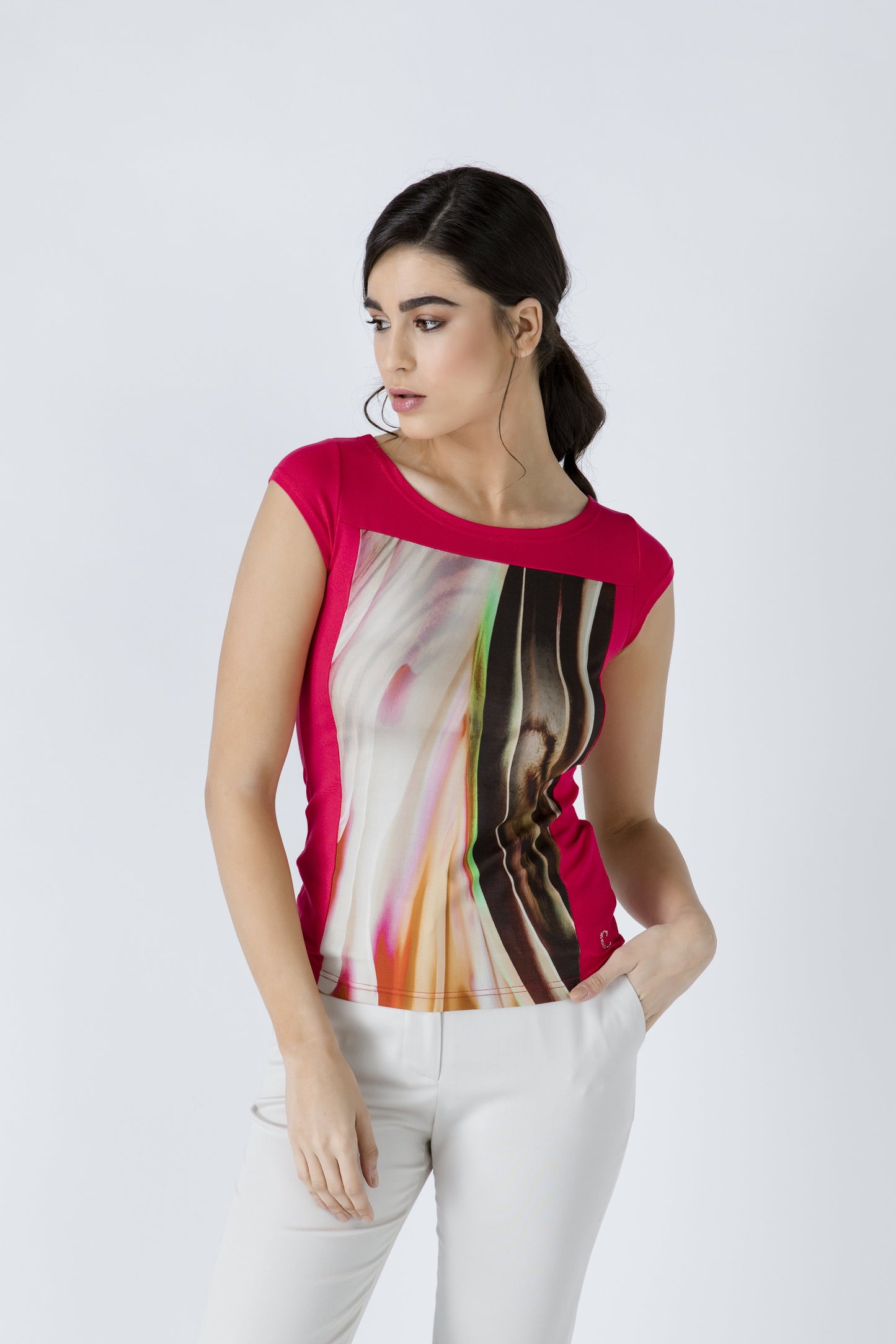 Red Print Detail Cap Sleeve Top