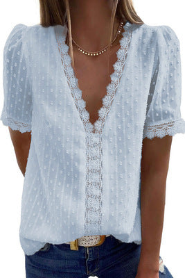Wholesale v Neck Short Sleeve White Black 8 Colors Women Ladies Summer Dot Lace Chiffon Tops Shirts Blouse