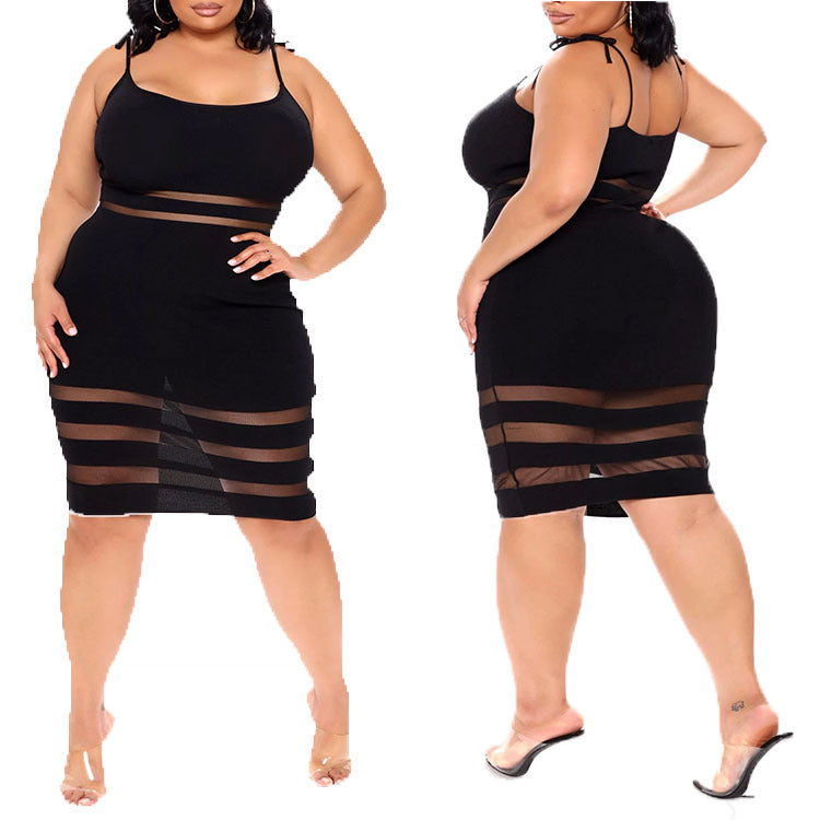 Mid-Skirt Striped Mid-Waist Black Plus Size Womens Dress