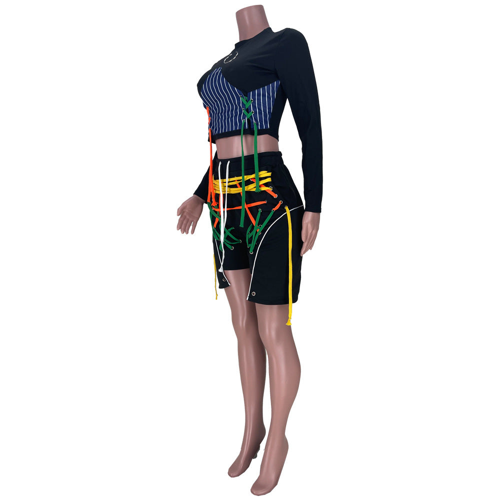 Two Piece Clothing Crop Top Striped Patchwork Women Two Piece Set