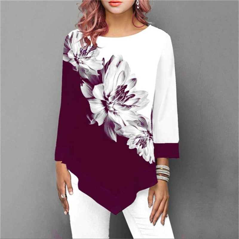 Shirt Women Spring Summer Floral Printing Blouse 3/4 Sleeve Casual Hem Irregularity Female Fashion Shirt Tops Plus Size