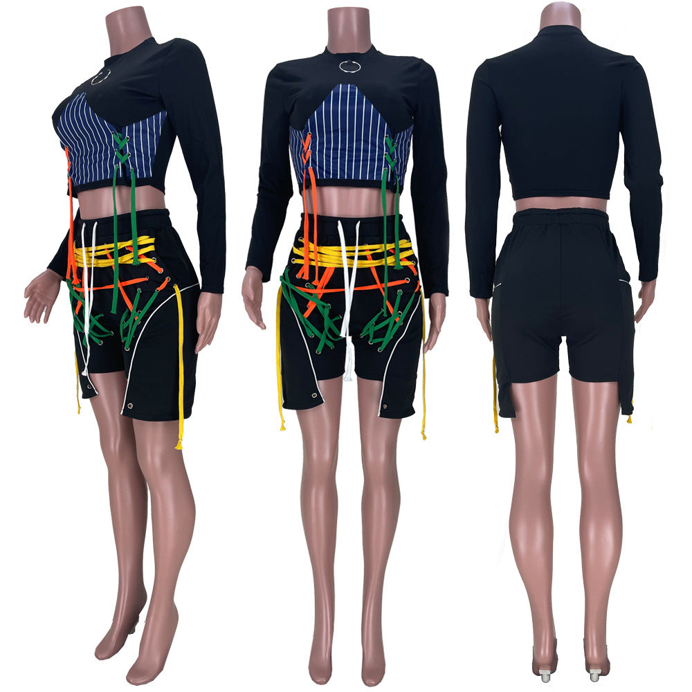 Two Piece Clothing Crop Top Striped Patchwork Women Two Piece Set