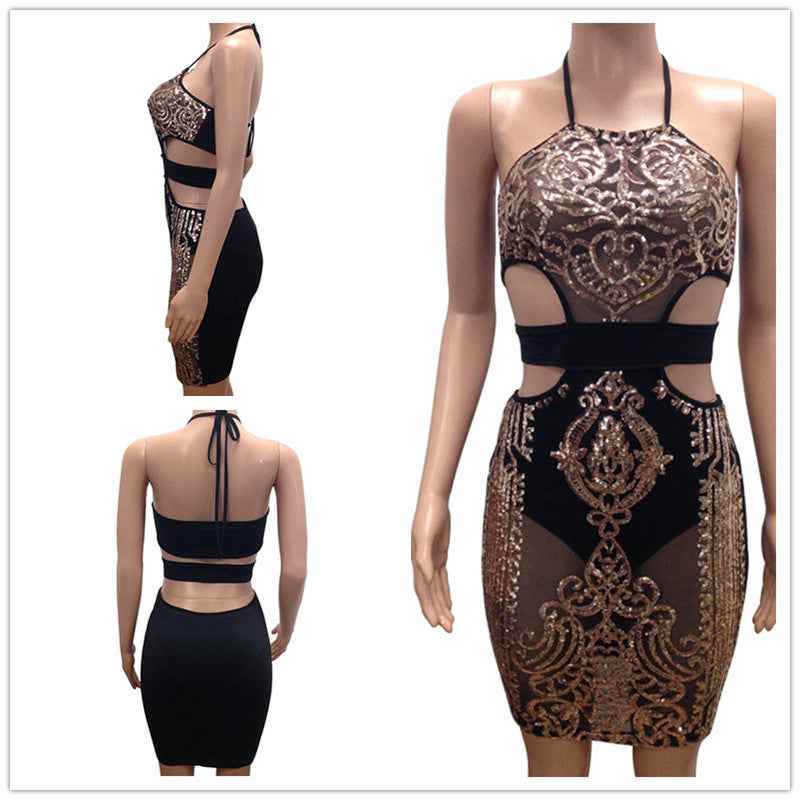 Adogirl Sexy MeshSequins Backless Off Shoulder Bodycon Hollow Out Dress Woman 2019 Sleeveless Halter Party Club Dresses Females