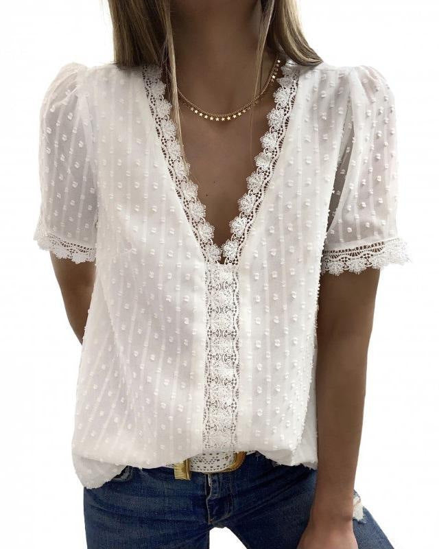 Wholesale v Neck Short Sleeve White Black 8 Colors Women Ladies Summer Dot Lace Chiffon Tops Shirts Blouse