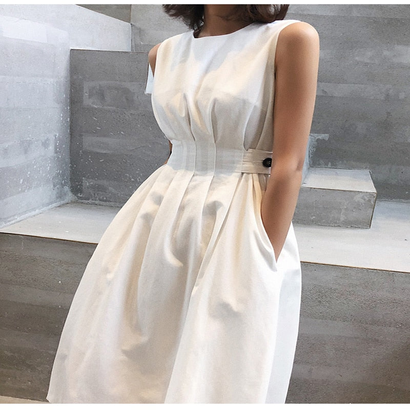 Women Solid White Black Fashion Elegant Casual Party Dress O neck Sleeveless Tank Sundress Female Vestido