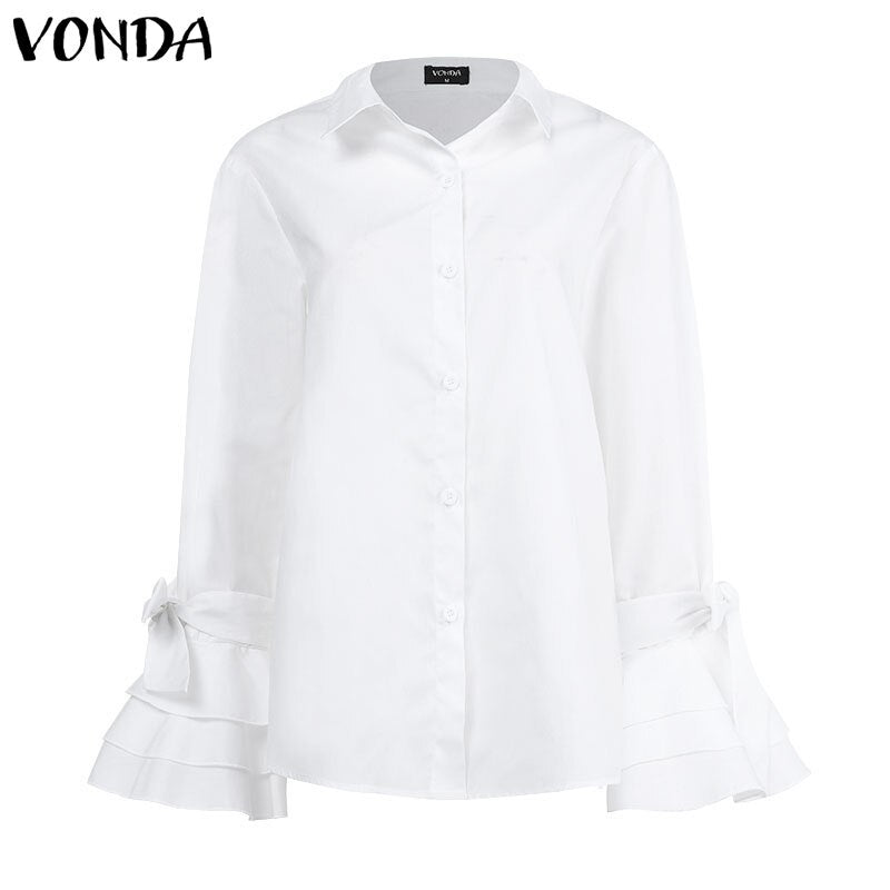 New Women Shirts VONDA 2020 Spring Summer Sexy Turn-Down Collar Flare Sleeve Party Tops Office Blouse Casual Plus Size Blusas