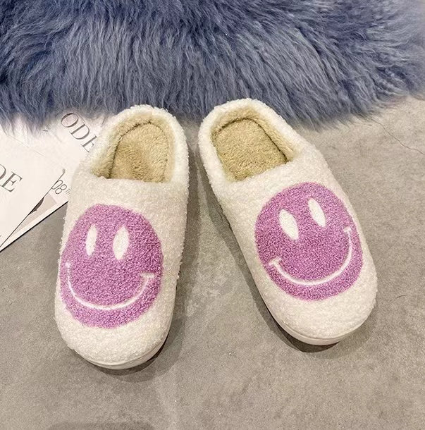 Unisex Purple Soft Plush Smiley Face Slippers