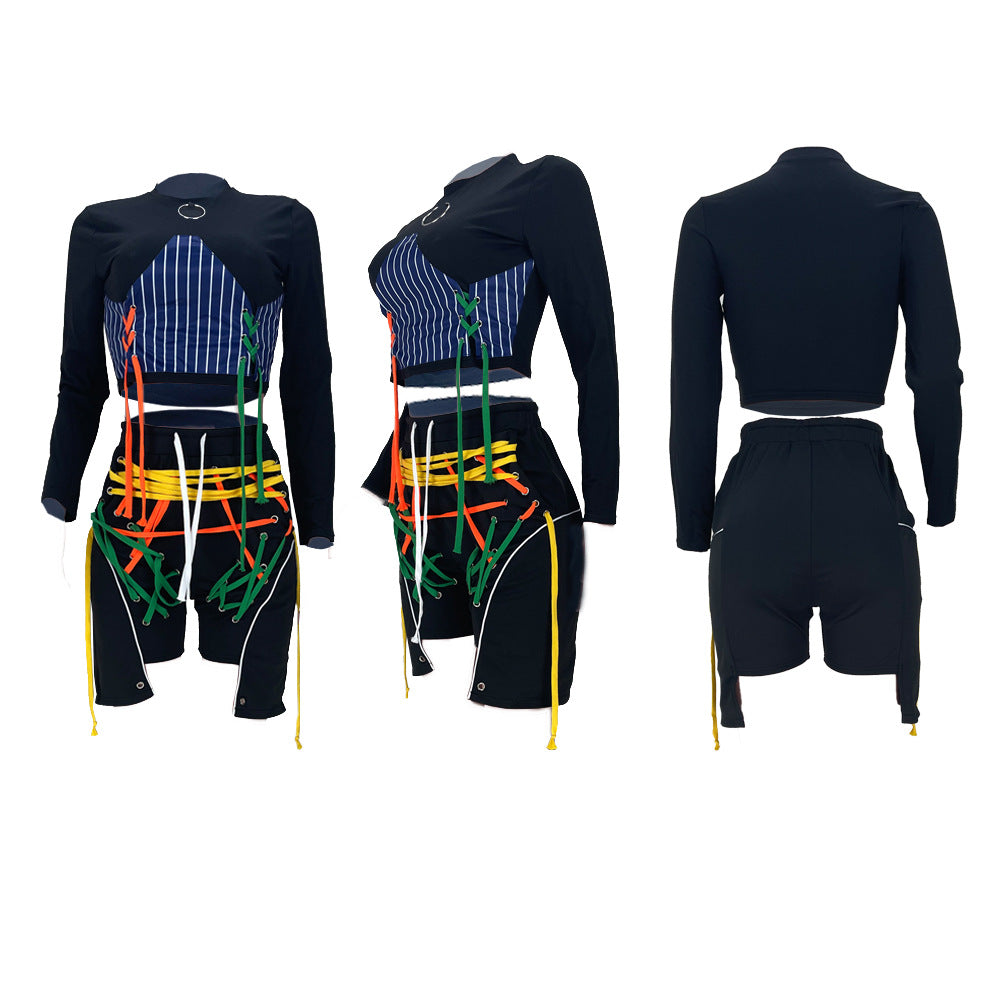 Two Piece Clothing Crop Top Striped Patchwork Women Two Piece Set