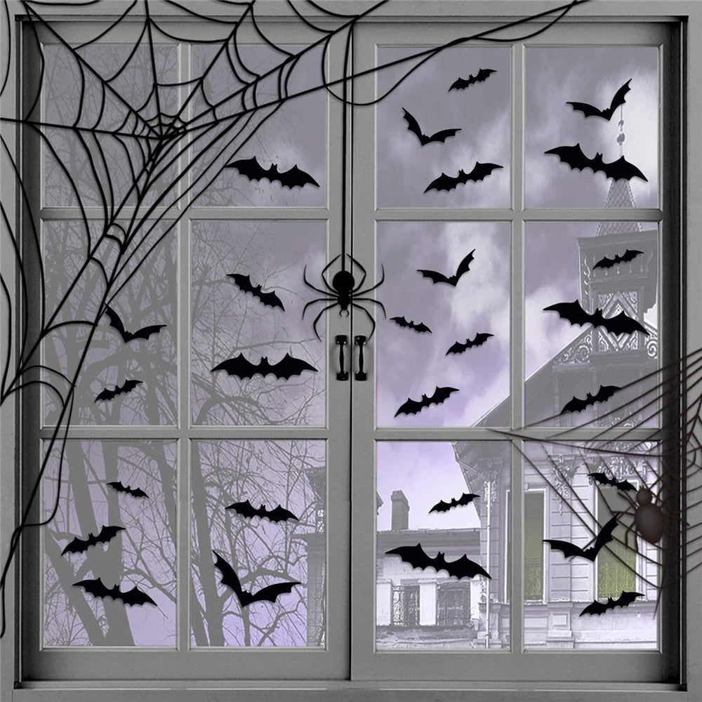 24/48pcs Halloween Decoration 3D Black PVC Bat Decor