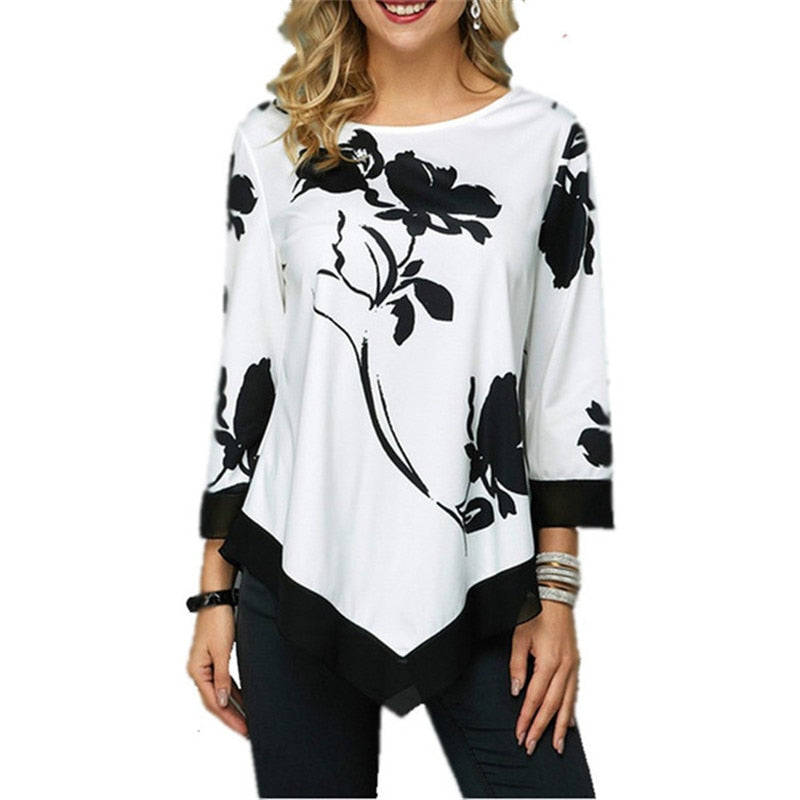 Shirt Women Spring Summer Floral Printing Blouse 3/4 Sleeve Casual Hem Irregularity Female Fashion Shirt Tops Plus Size