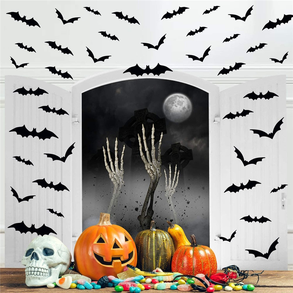 24/48pcs Halloween Decoration 3D Black PVC Bat Decor