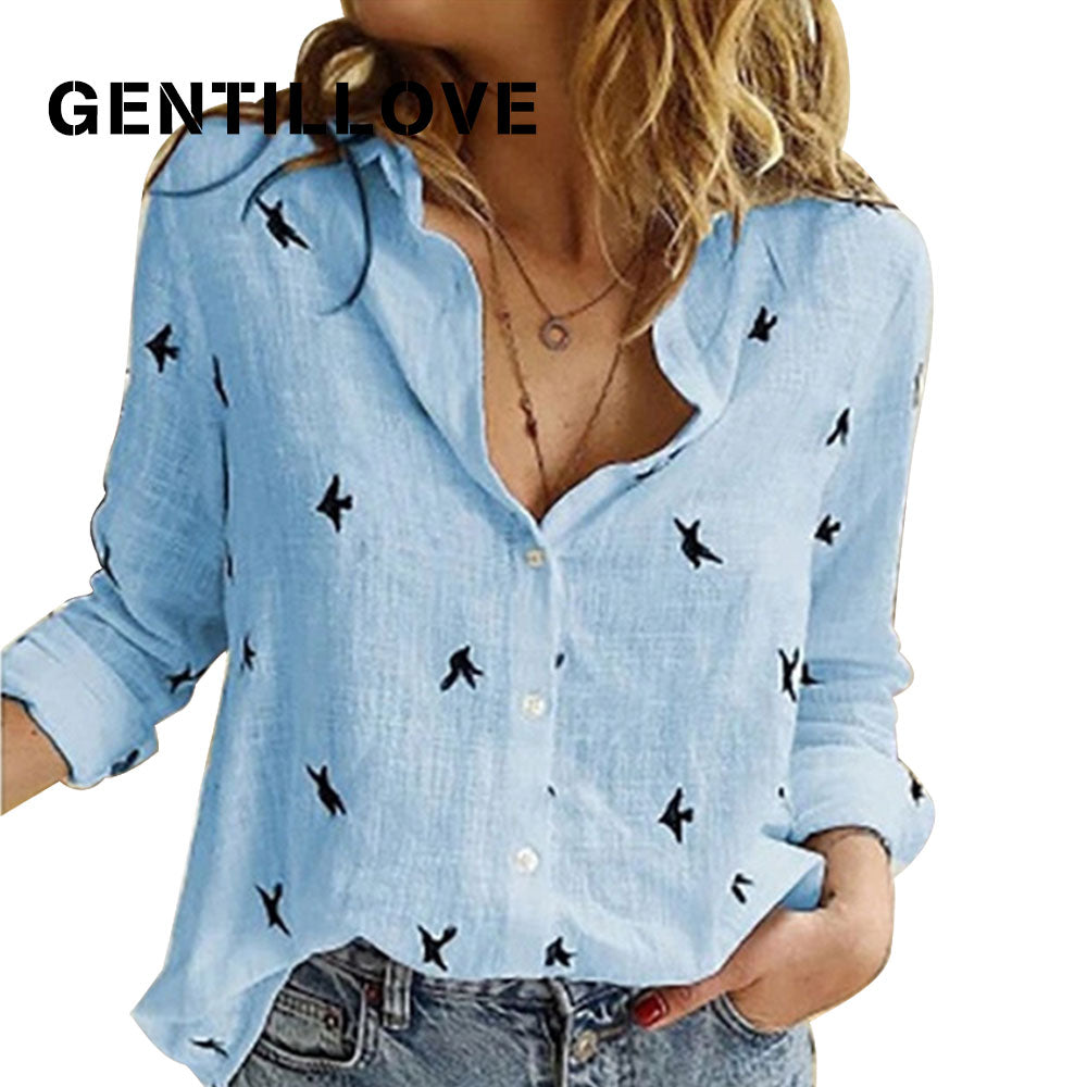 Casual Long Sleeve Birds Print Loose Shirts Women Cotton and Linen Blouses and Tops Vintage Streetwear Plus Size 5XL Tunic