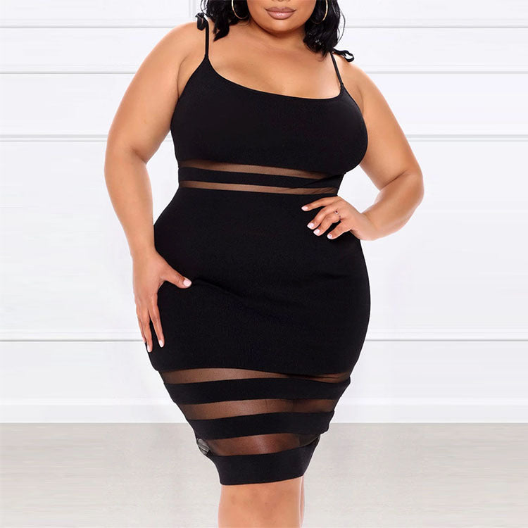 Mid-Skirt Striped Mid-Waist Black Plus Size Womens  Dress