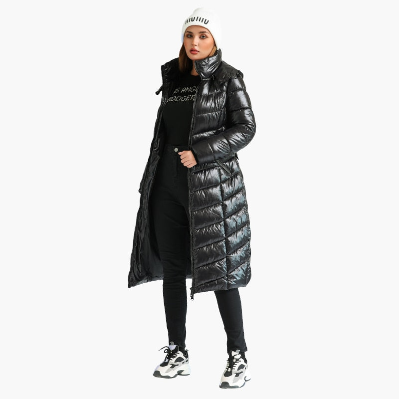 Women Casual Black Thick Warm Puffer Jackets With Belt Outerwear