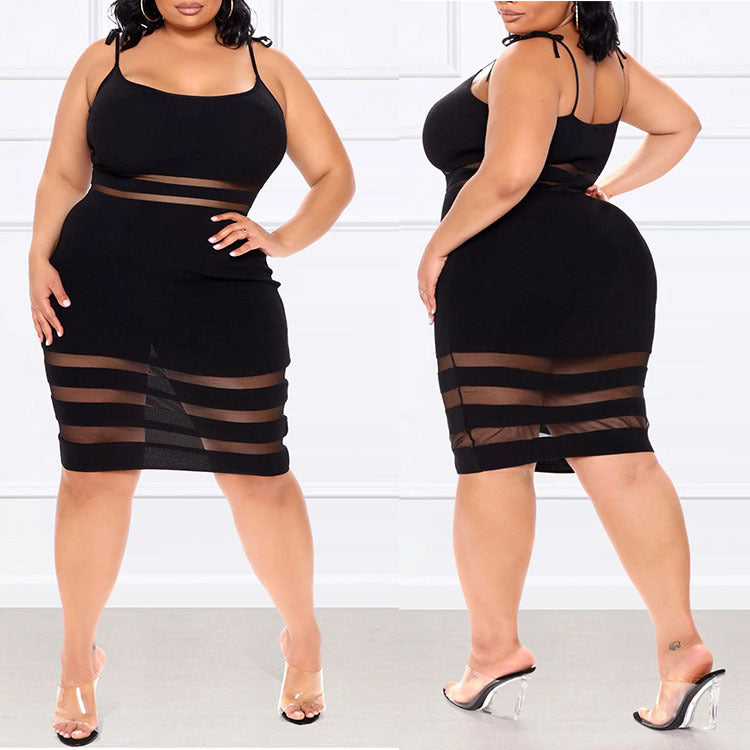 Mid-Skirt Striped Mid-Waist Black Plus Size Womens  Dress