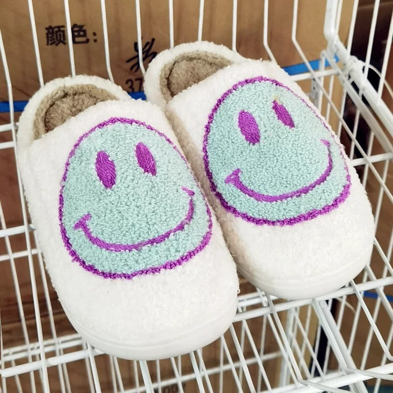 Unisex Purple Soft Plush Smiley Face Slippers