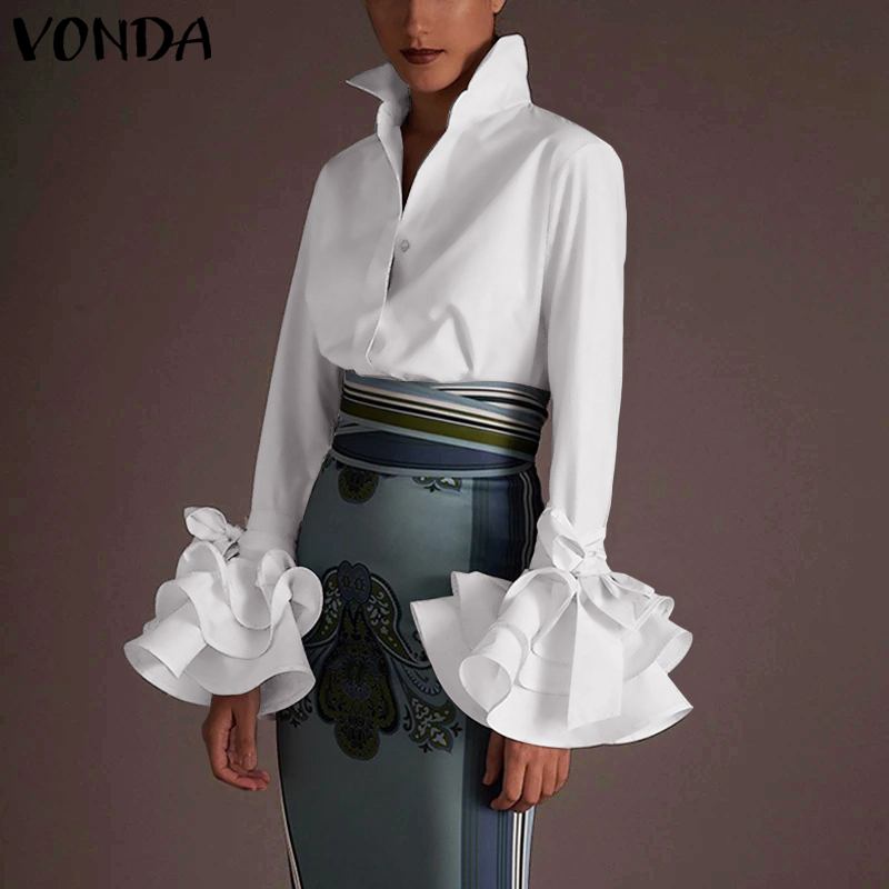 New Women Shirts VONDA 2020 Spring Summer Sexy Turn-Down Collar Flare Sleeve Party Tops Office Blouse Casual Plus Size Blusas
