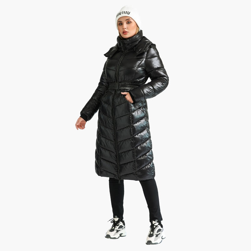 Women Casual Black Thick Warm Puffer Jackets With Belt Outerwear