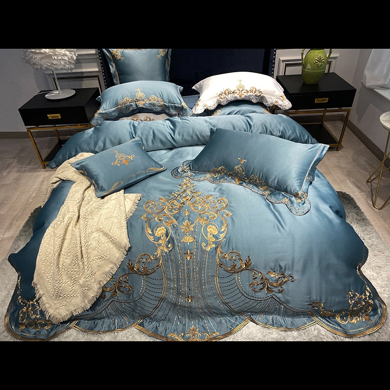 White Soft Satin Silk Cotton Gold Embroidery European Palace Bedding Set Double Duvet Cover Bed Linen Lace Bed Skirt Pillowcases