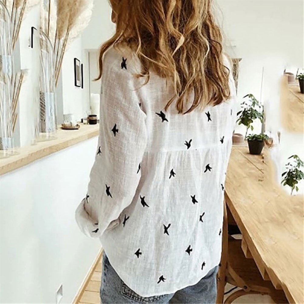 Casual Long Sleeve Birds Print Loose Shirts Women Cotton and Linen Blouses and Tops Vintage Streetwear Plus Size 5XL Tunic