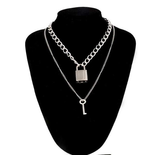 Double layer Lock Chain necklace grunge punk 90s link chain silver color padlock pendant necklace women aesthetic egirl jewelry