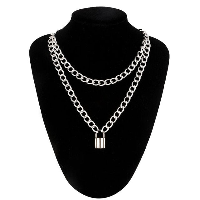 Double layer Lock Chain necklace grunge punk 90s link chain silver color padlock pendant necklace women aesthetic egirl jewelry