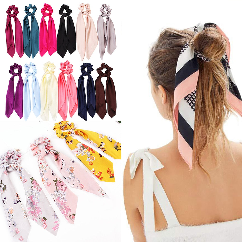 Print Bow Satin Long Ribbon Ponytail Scarf Hair Tie Scrunchies Women Ladies Elastic Hair Bands Hair Accessories