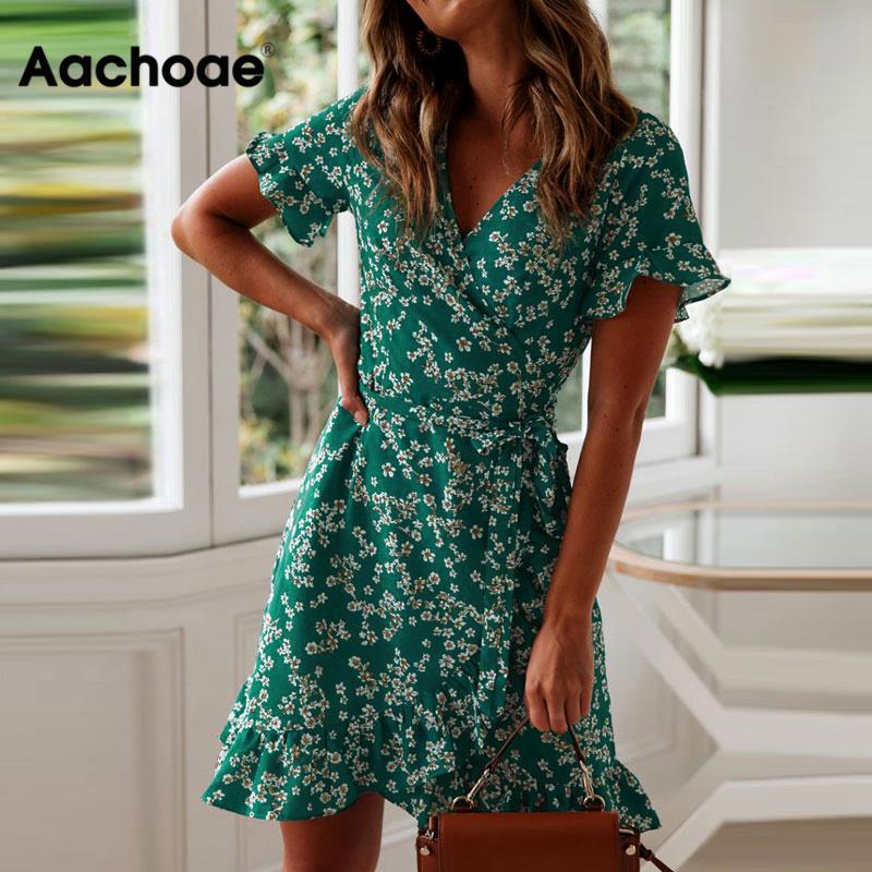 Summer V Neck Floral Print Boho Beach Dress Ruffle Short Sleeve A Line Mini Dress Sundress Robe