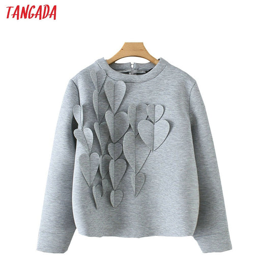 Tangada women hearts appliques sweatshirts oversize long sleeve back zipper O neck gray pullovers casual female tops YD185